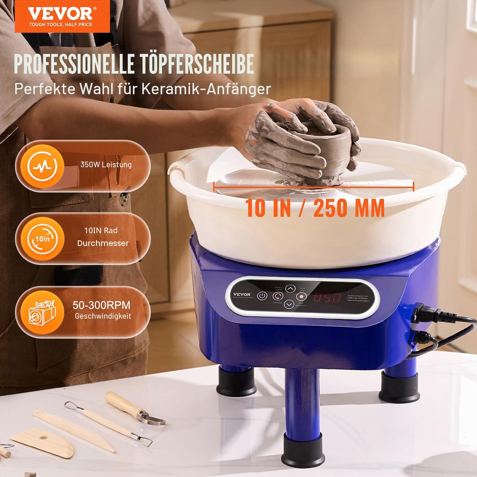 VEVOR Töpferscheibe, 25 cm Töpferformmaschine, 350 W elektrische Töpferscheibe mit Fußpedal & LCD-Touchscreen, Direktantrieb-Keramikscheibe mit 3 Stützbeinen für Heimwerker-Kunsthandwerk, Blau