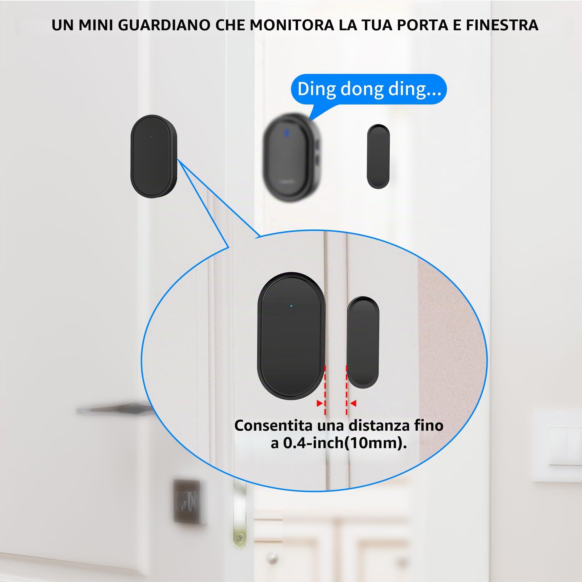 Rilevatore di campanello senza fili per porte e finestre, 39 suonerie, 2 campanelli di allarme 4 coppie di sensori di porta,Sistema di allarme per la sicurezza domestica, nero
