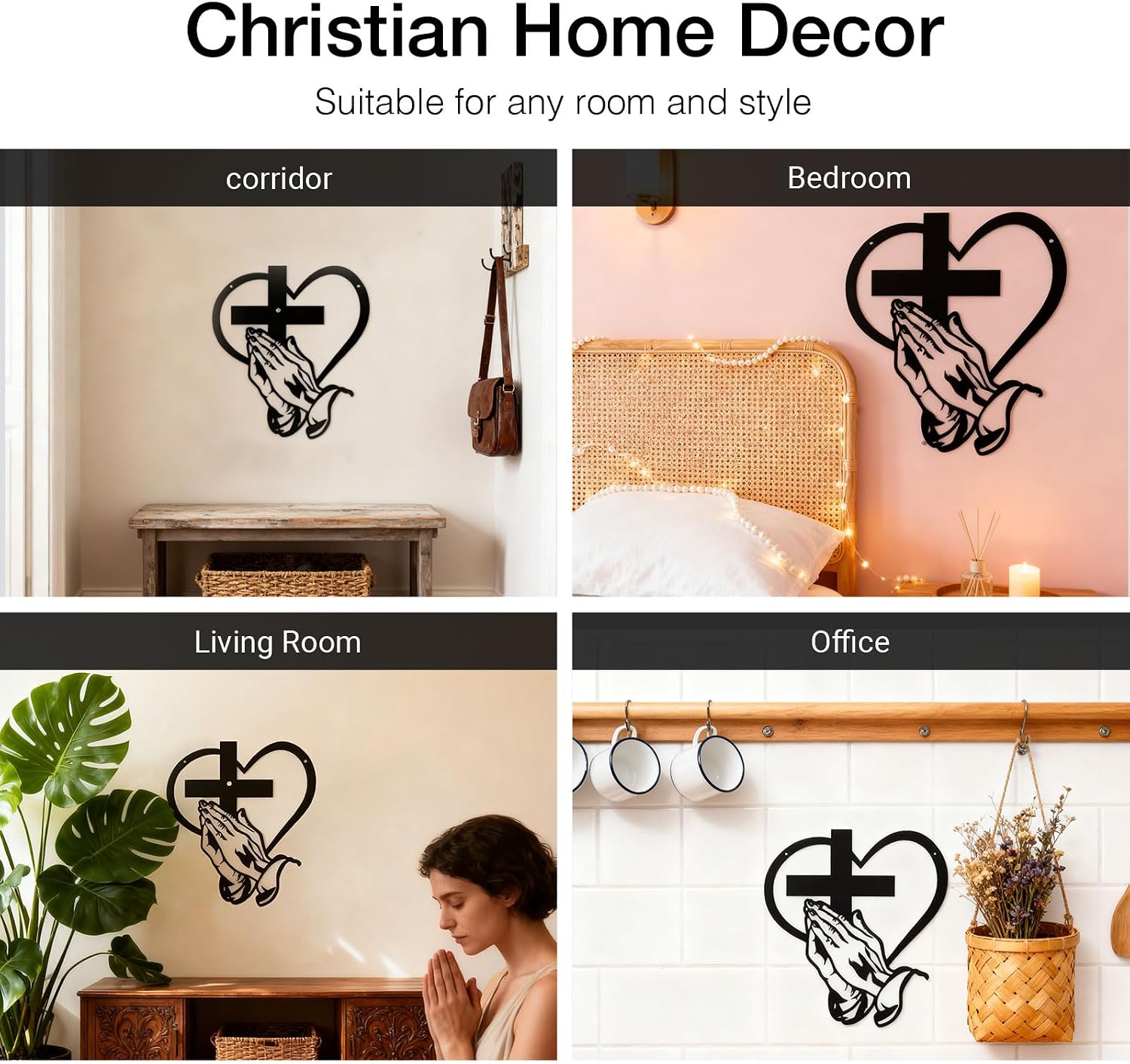 Bryasha Christian Cross Wall Decor & Metal Art with Sacred Heart & Praying Hands - Farmhouse for Home Office