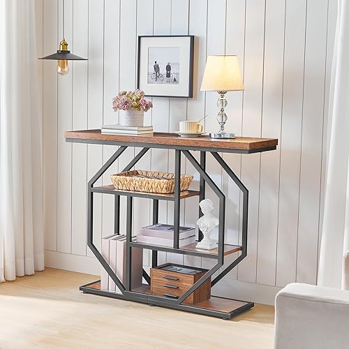 Miniatura 5 de Mesa de entrada, consola industrial con almacenamiento, mesa de acento estrecha para sala de estar, entrada, pasillo, entrada, vestíbulo, marrón