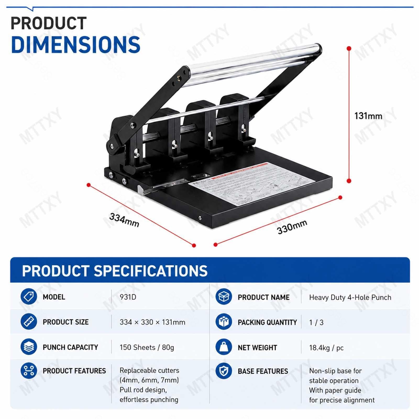 Perforatrice Robusta a 3 o 4 Fori (Capacità 150 Fogli) – Perforatrice Regolabile con Interasse Variabile – Struttura Interamente in Metallo con Leva – Ideale per Ufficio,4-Hole