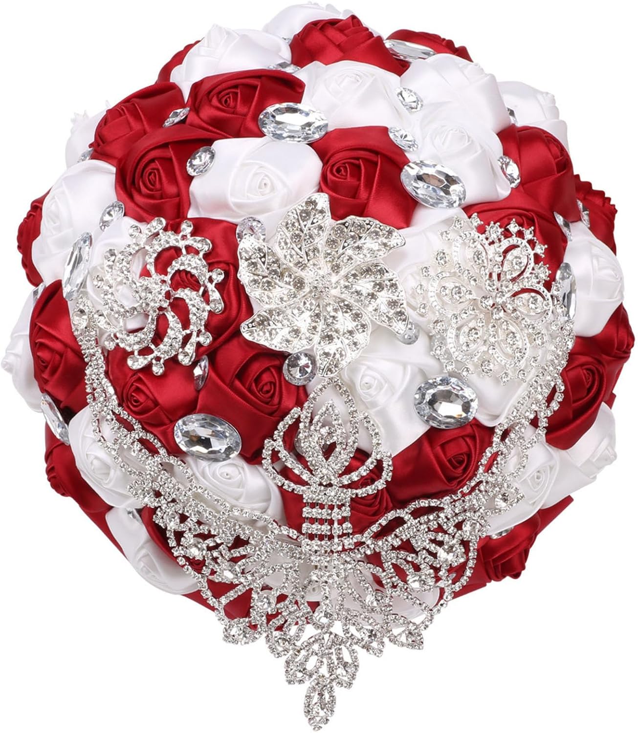 Bridal Wedding Bouquet with Silver Rhinestones Brooch Pearl Bouquet for Bride Bridesmaid Quinceanera Artificial Satin Rose Flower Bouquet Wedding Pale Pink and Ivory 7.1in
