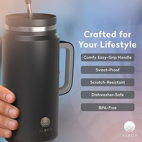 Miniatura 4 de ALBOR Vaso de 50 onzas con tapa y popote, vaso aislado de acero inoxidable duradero con asa, a prueba de fugas, botellas de agua a prueba de