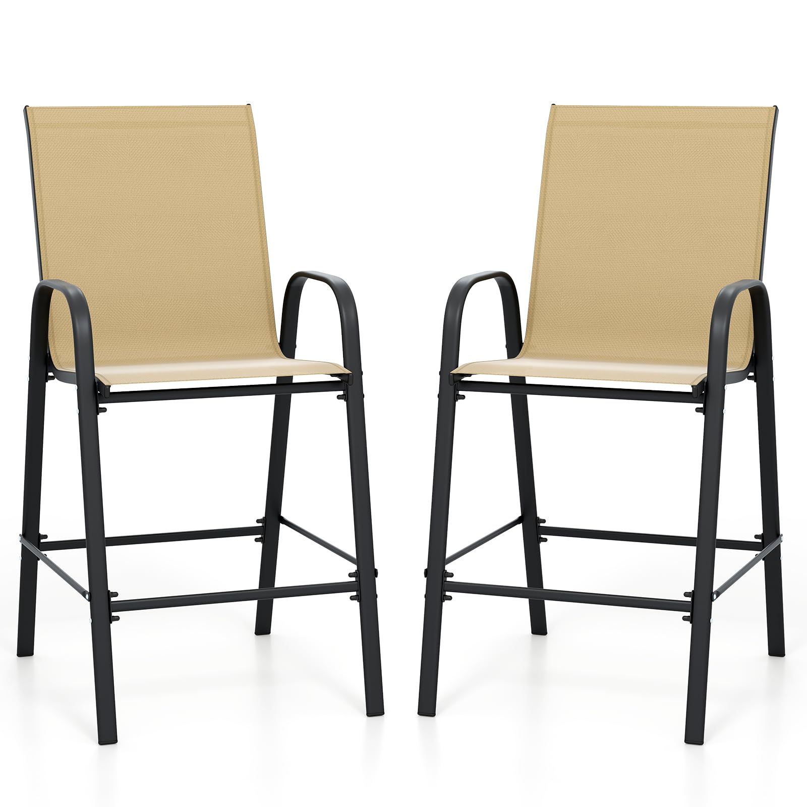 COSTWAY 2 x Textilene High Chairs for Bar with Backrest and Armrests, Metal Frame, Bar Stool for Kitchen Garden Outdoor Terrace, 62 x 76 x 130 cm, Load 150 kg