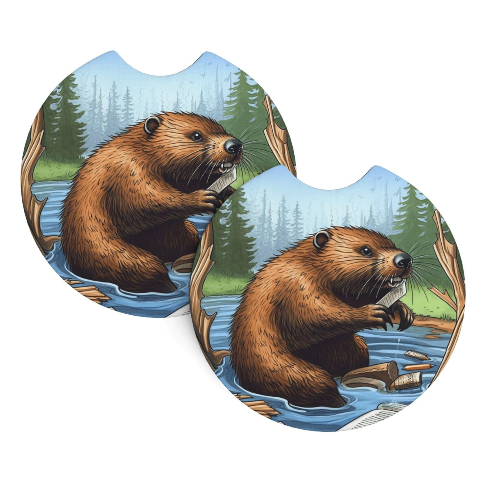 2PCS Car Coaster for Cup Holders Universal Auto Cup Mat Busy Beaver Cartoon Cup Coaster Pad 2.7" Waterproof Neoprene Non-Slip Cup Holder Coasters Car Interior Accessories for Women Men