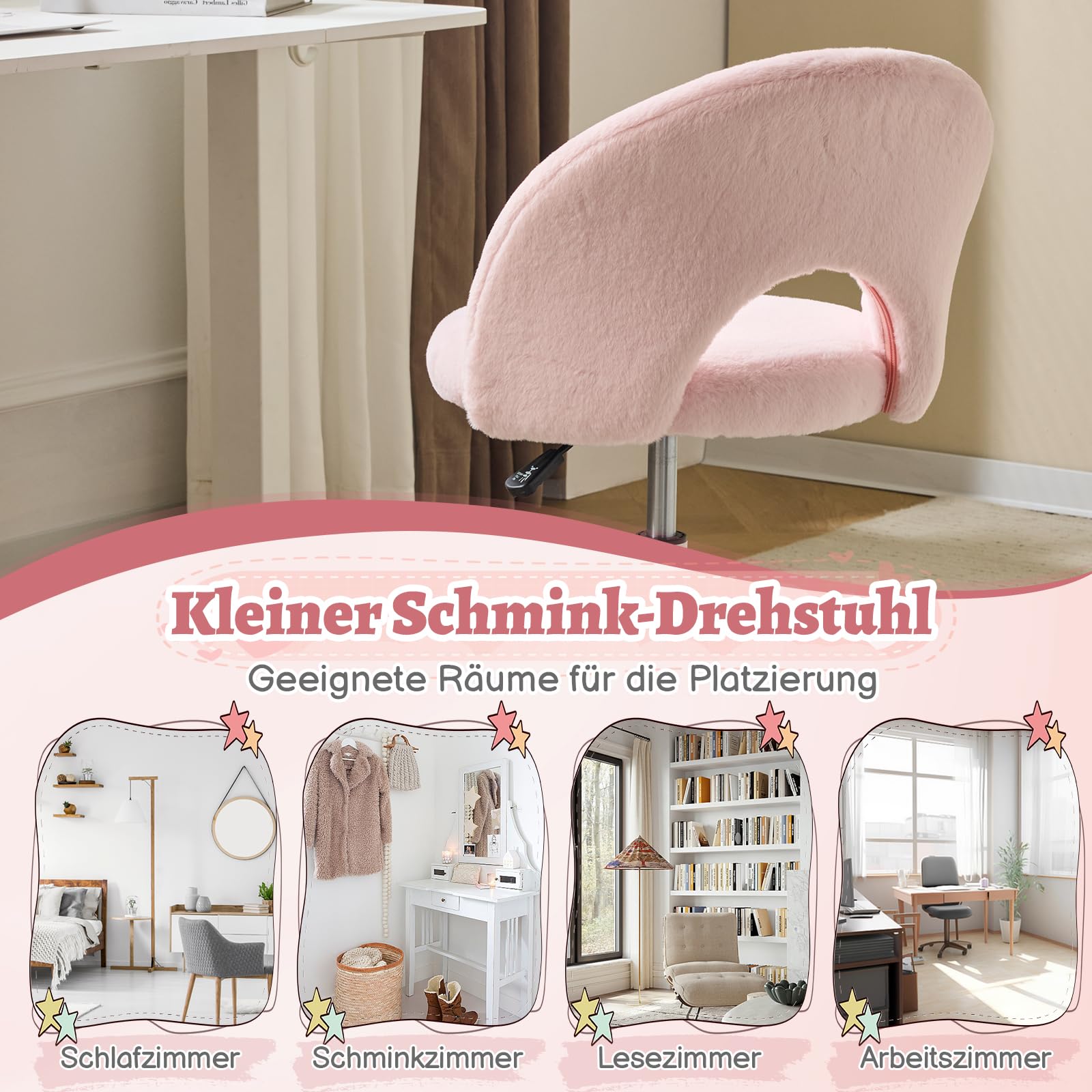 Bonnlo Homeoffice Stuhl, Schreibtischstuhl, Schminktisch Stuhl, Bürostuhl ohne Armlehnen, Drehstuhl mit Rollen, Höhenverstellbar, Homeoffice, Make up (Kunstkaninchenfell, Rosa)