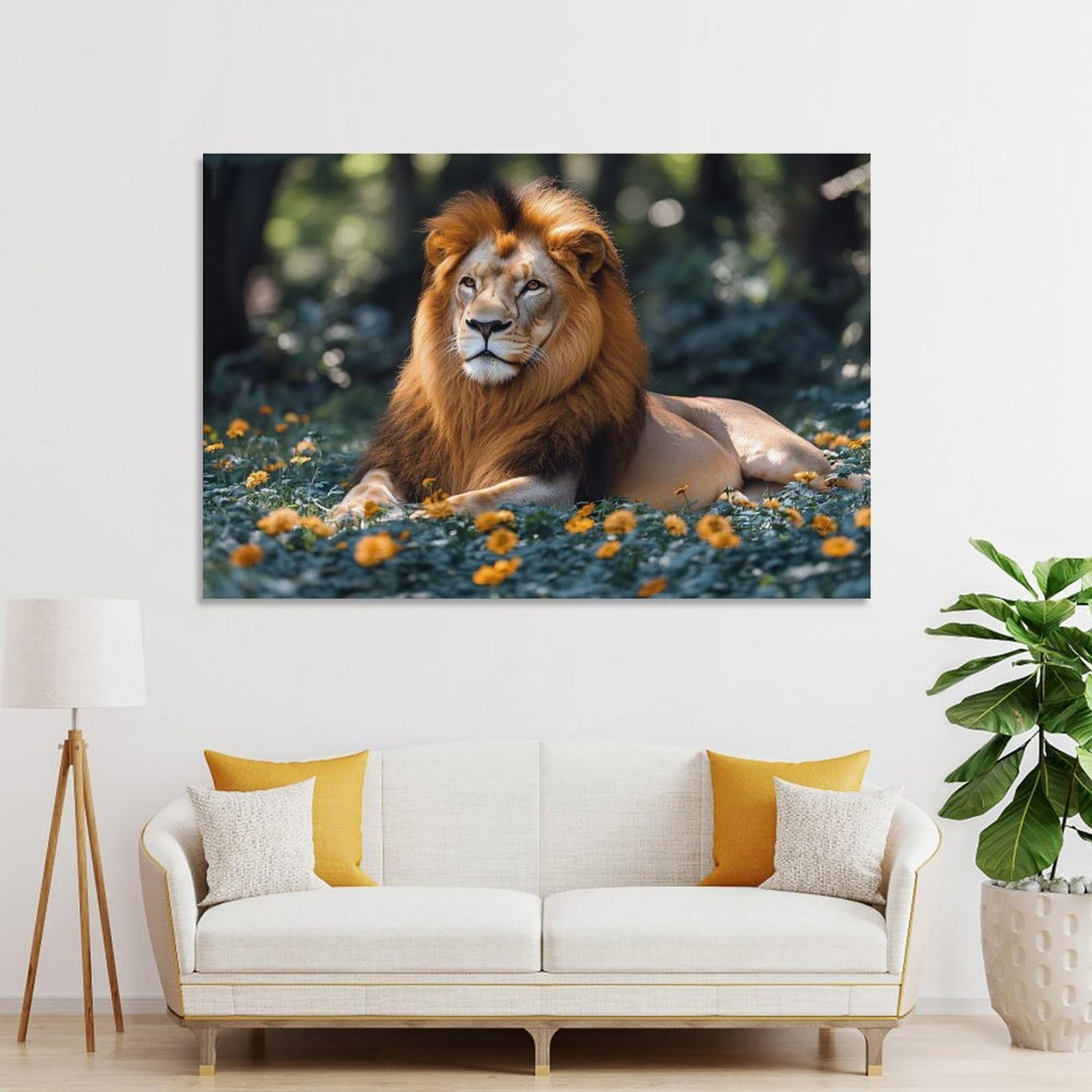 Junmoney Unframe-Style-12 Majestic Lion In A Floral Meadow Decorative Wall Artwork, 08X12inch(20X30cm), For Home Lounge, Bedroom Or Reading Nook, Eye Catching Artwork For Blank Walls