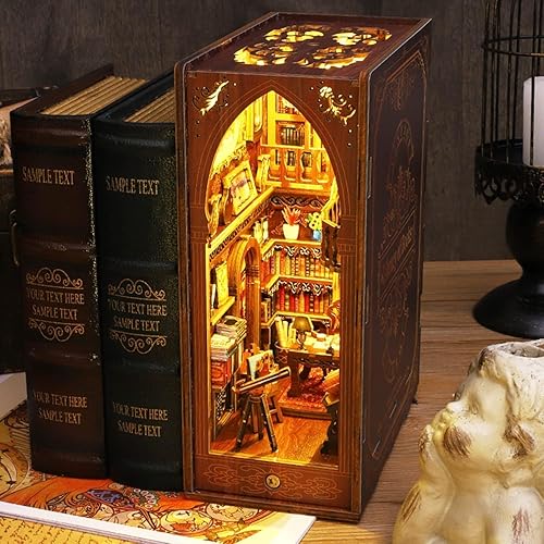 Miniatura 6 de Kit de rincón de libros para adultos, kit de casa en miniatura de madera, rompecabezas 3D para adultos, inserto creativo de rincón de libro para