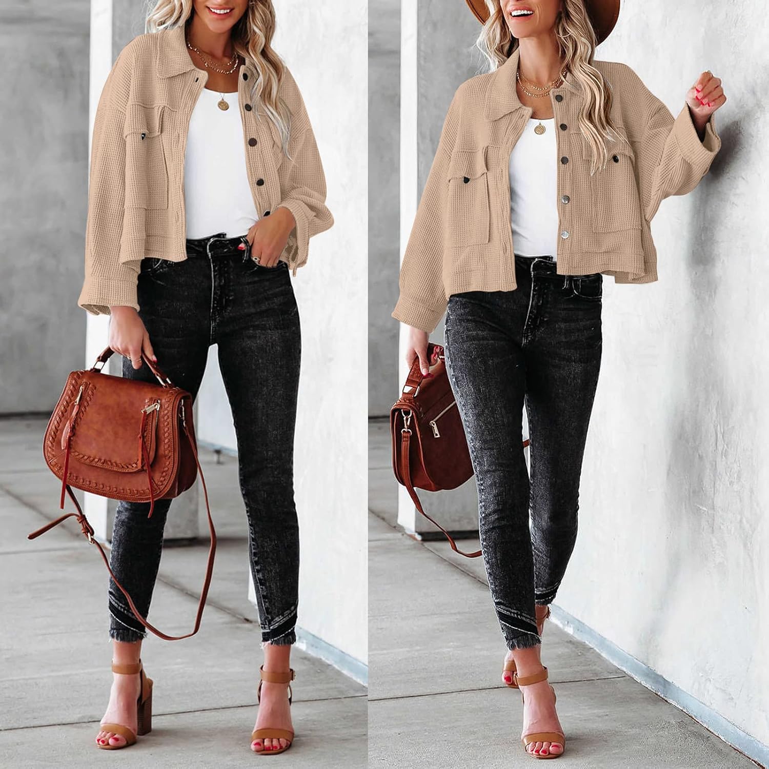 BZB Womens Waffle Knit Shacket Jackets Lightweight Cropped Shacket Long Sleeve Button Down Shirts - Image 5