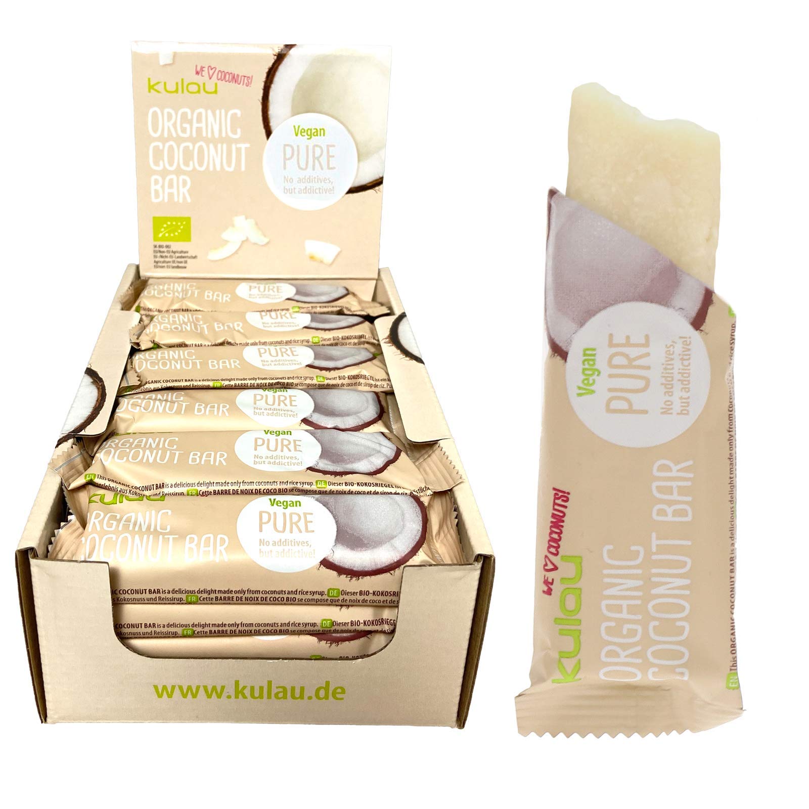 KULAU Organic Coconut Bar PURE 24 x 40 g batonik z orzecha kokosowego i syropu ryżowego, bio, wegański, bezglutenowy