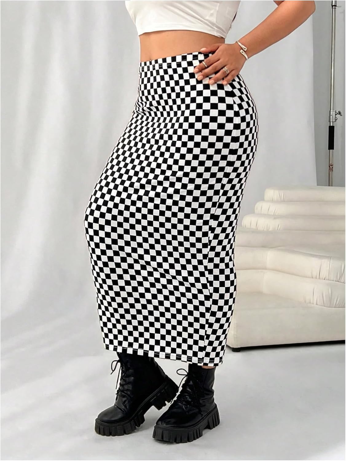 WDIRARA Women's Plus Size Checkered Maxi Skirt High Waisted Bodycon Pencil Skirts - Image 2