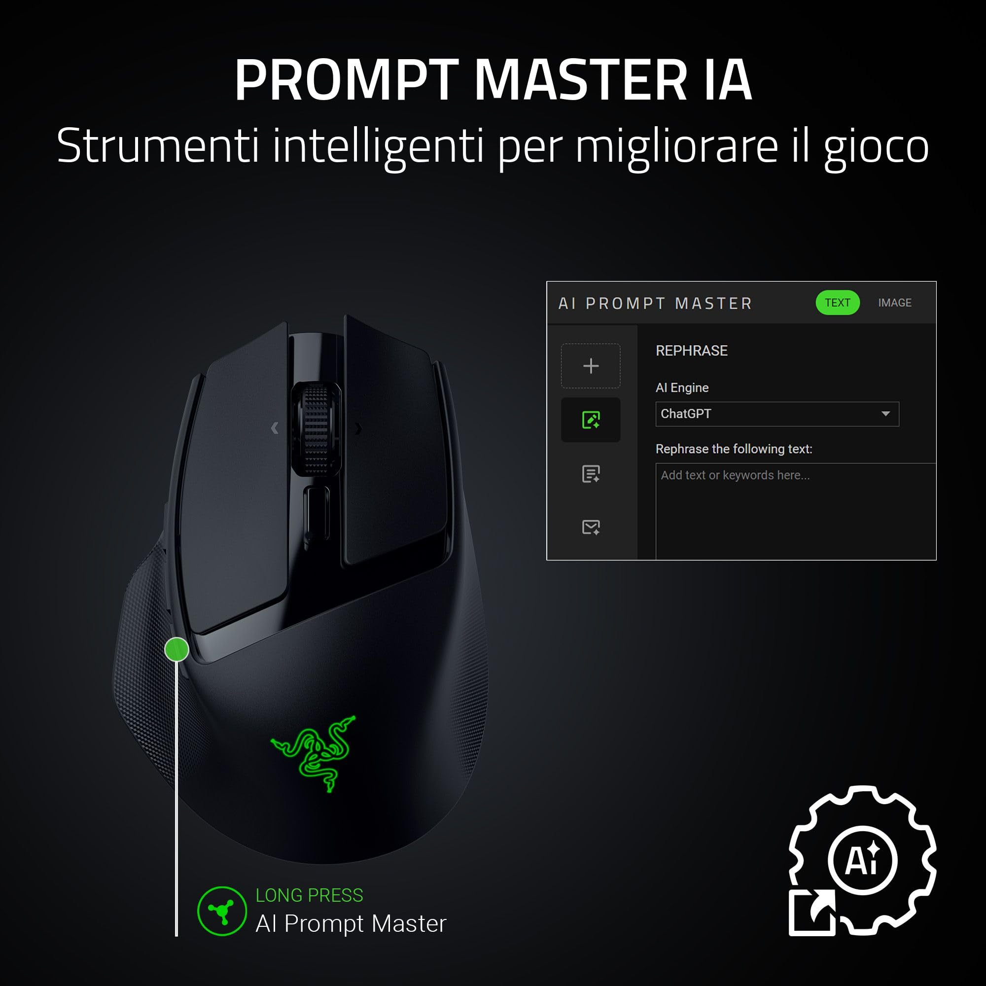 Razer Basilisk Mobile - Piccolo mouse ergonomico portatile da gioco senza fili - AI Prompt Master - Sensore Focus X 18K (connettività tri-mode, fino a 105 ore, switch del mouse Gen-3) Nero