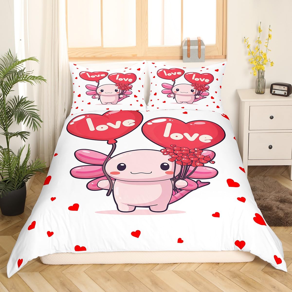 Loussiesd Cute Axolotl Bettwäsche Set 135x200cm Kawaii Love Hearts Axolotl Betten Set für Kinder Jungen Mädchen Schlafzimmer Bett Dekor Cute Ocean Sealife Bettbezug Set Axolotl Bettwäsche-Set
