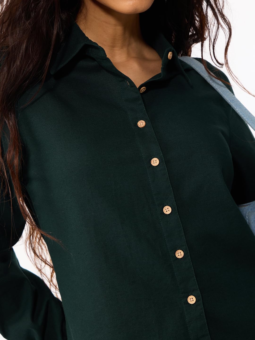 The Souled Store Myrtle - Camicia da donna e ragazza, a lunghezza intera, con colletto ampio, verde scuro, in cotone e lino, vestibilità regolare, traspirante, leggera, per tutte le stagioni, per