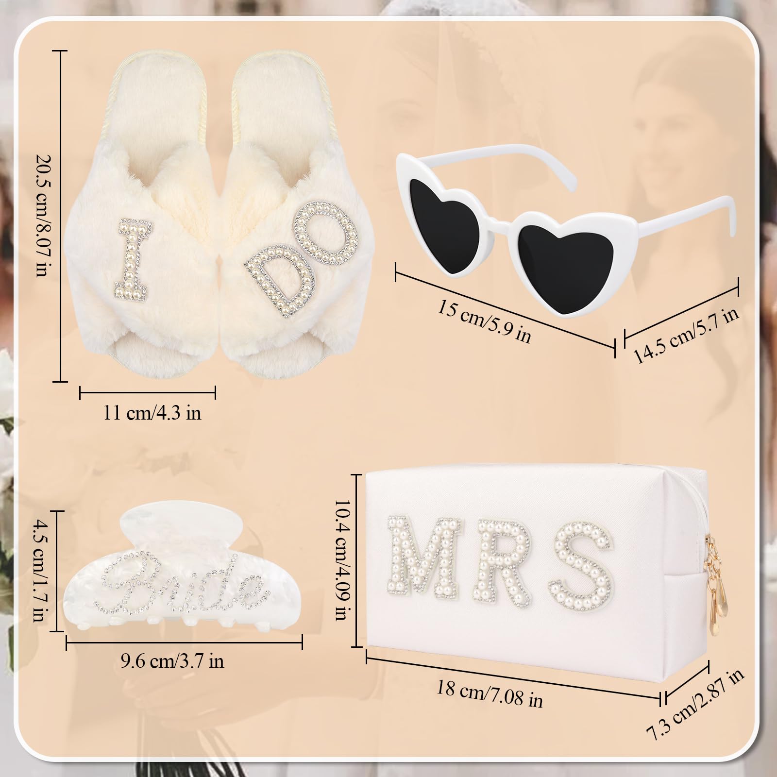 Juego de regalo para novia, regalo de despedida de soltera, gafas de sol, bolsa de maquillaje para novia, pantuflas de novia, clip para el pelo, regalos de compromiso de novia, regalo de boda