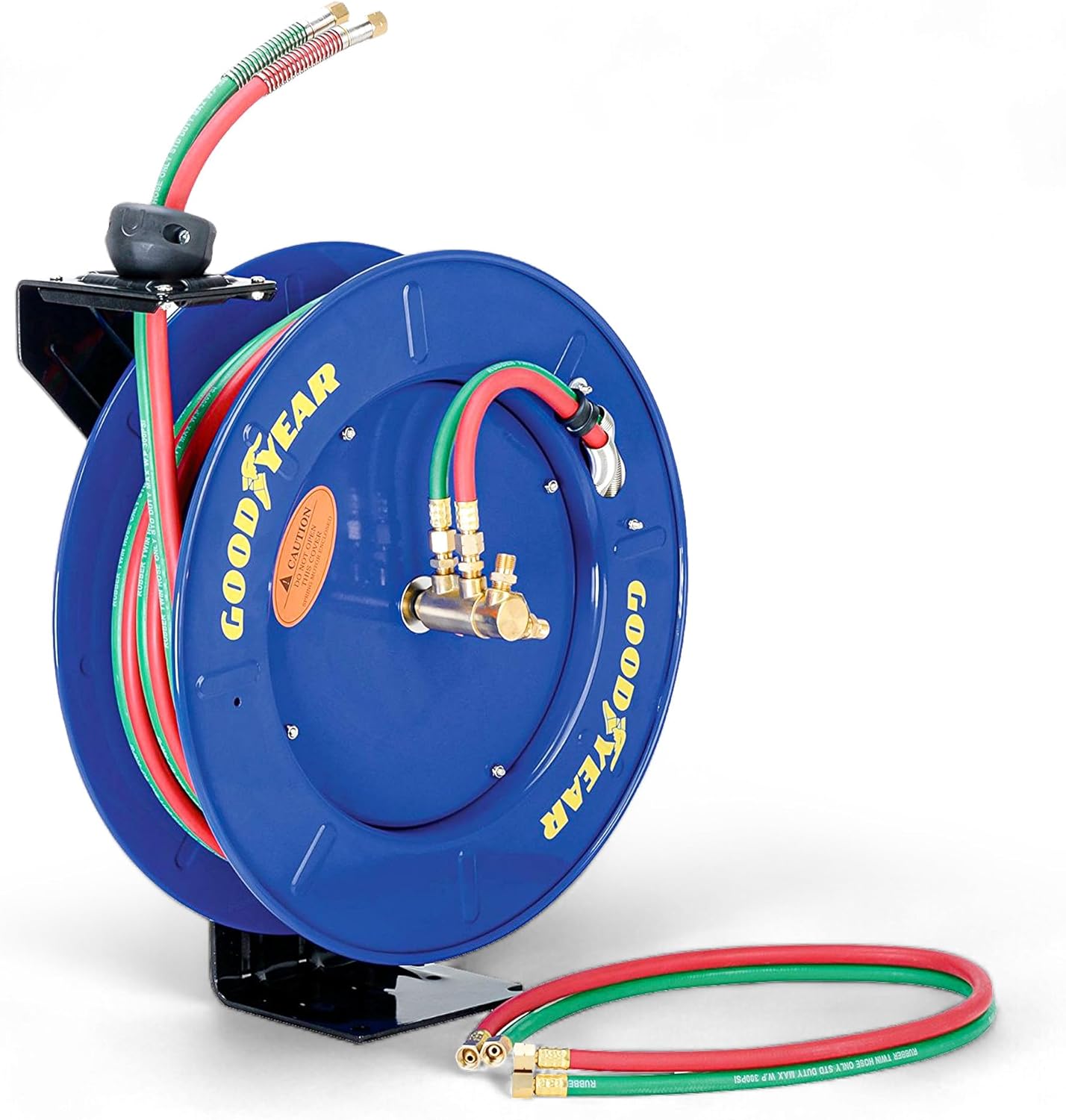 Goodyear Retractable Welding Hose Reel - 1/4" x 65' Twin Oxygen Acetylene Rubber Hoses, Heavy Duty Single Arm, 300 PSI Industrial Standard Dut