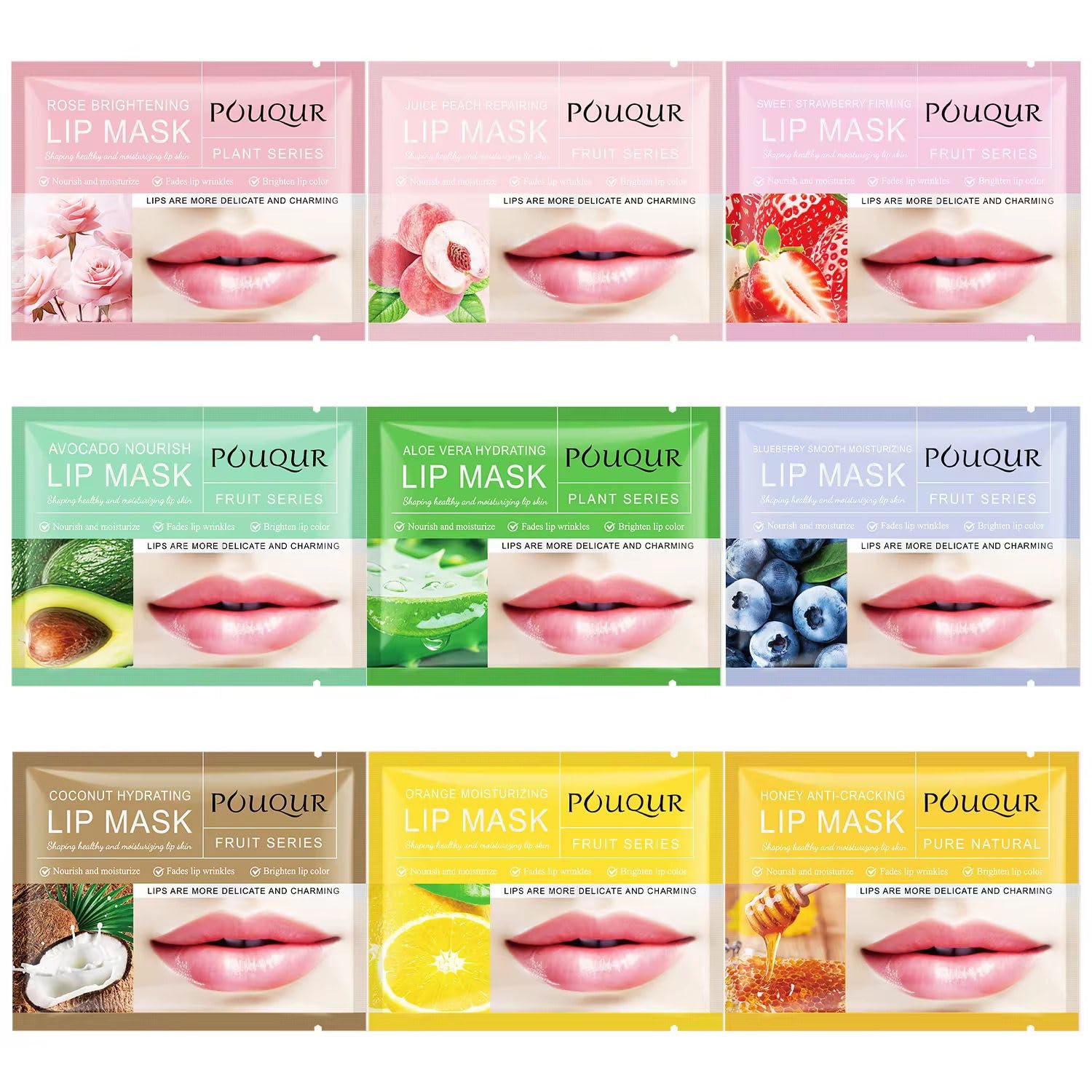Poulqur Lip Mask Set – 10 Variants Fruit & Plant Series | Hydrating, Nourishing & Repairing Lip Masks with Natural Extracts | Smooth, Brighten & Moisturize Dry, Cracked Lips | Avocado, Rose, Aloe Vera, Honey & More (30 Pcs – 3 Each of 10 Variants)-image-24