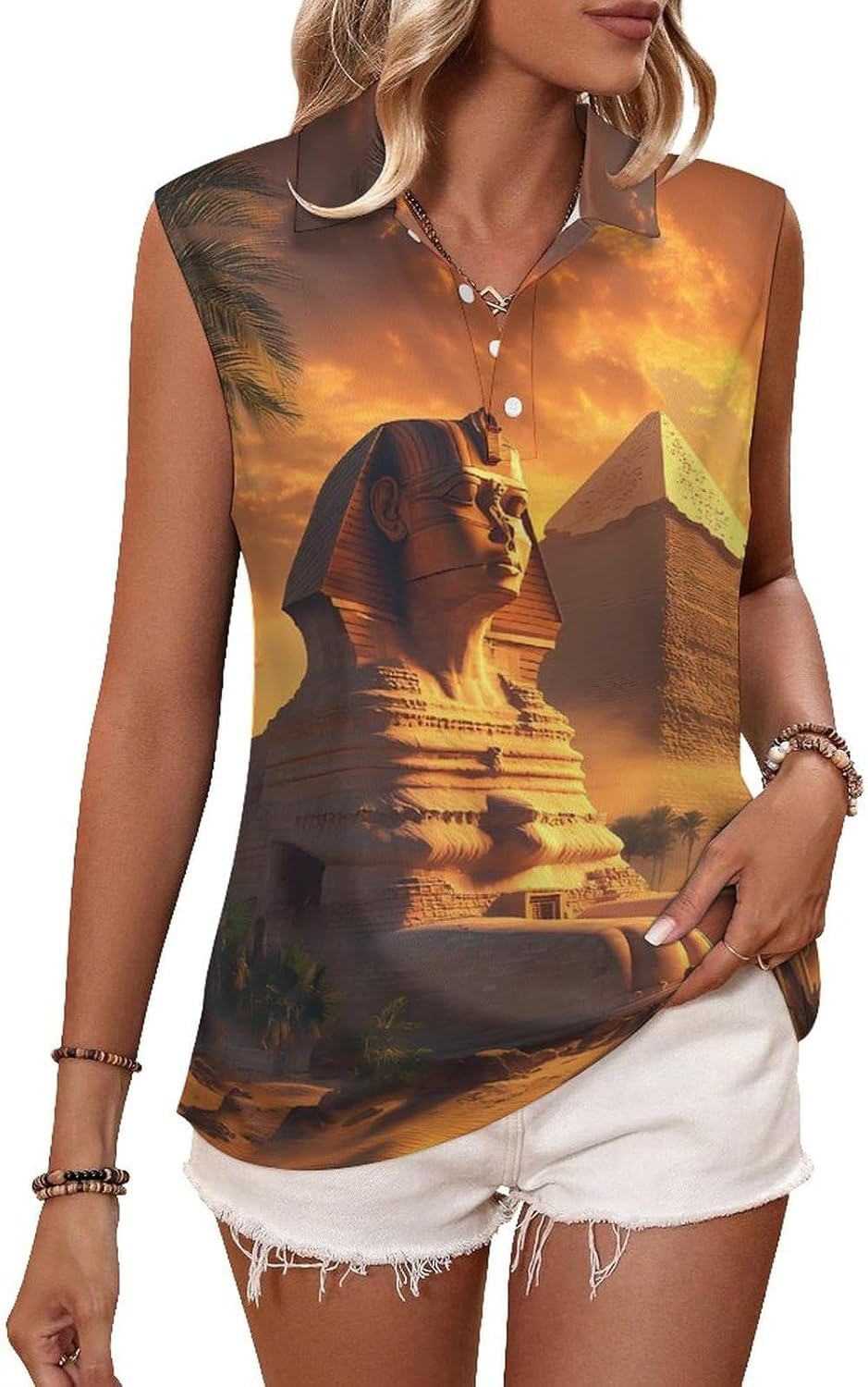 Great Sphinx And Pyramids of Giza Ancient Egypt Womens Golf Shirts Print Polo Shirt Sleeveless Tank Top Casual Work Blouses