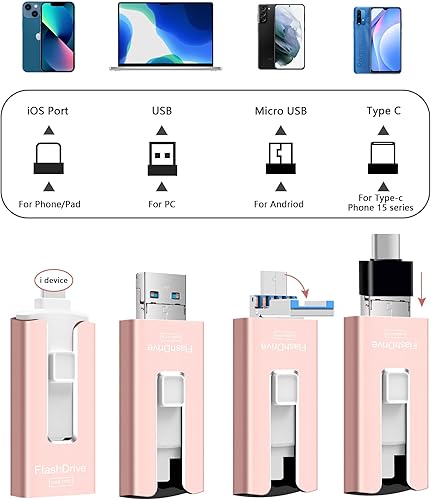 Miniatura 10 de GNASEET Unidad flash USB de 256 GB para teléfono y almohadilla, memoria USB externa de alta velocidad para guardar más fotos y videos (dorado, 256
