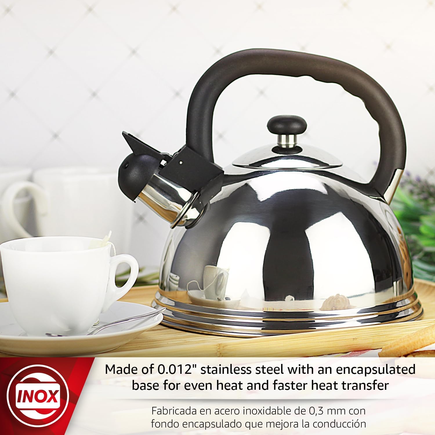 Magefesa Casia 2.7-Quart Stainless Steel Whistling Tea Kettle, Suitable for Gas, Electric and Vitroceramic Stoves, Heat-Proof Ergonomic Handle, Removable Lid for Easy Cleaning,Teapot