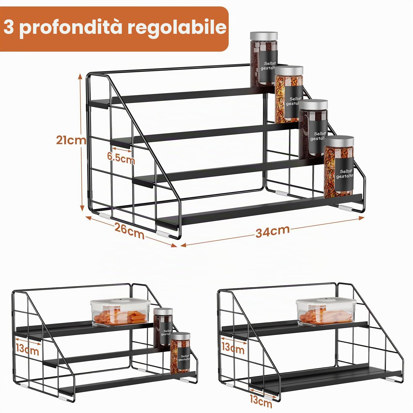 Portaspezie da terra a 4 livelli, altezza regolabile (2/3/4 livelli) e senza foratura, in metallo nero, con ganci a S ed etichette, organizzatore per spezie per cucina, armadio, sala