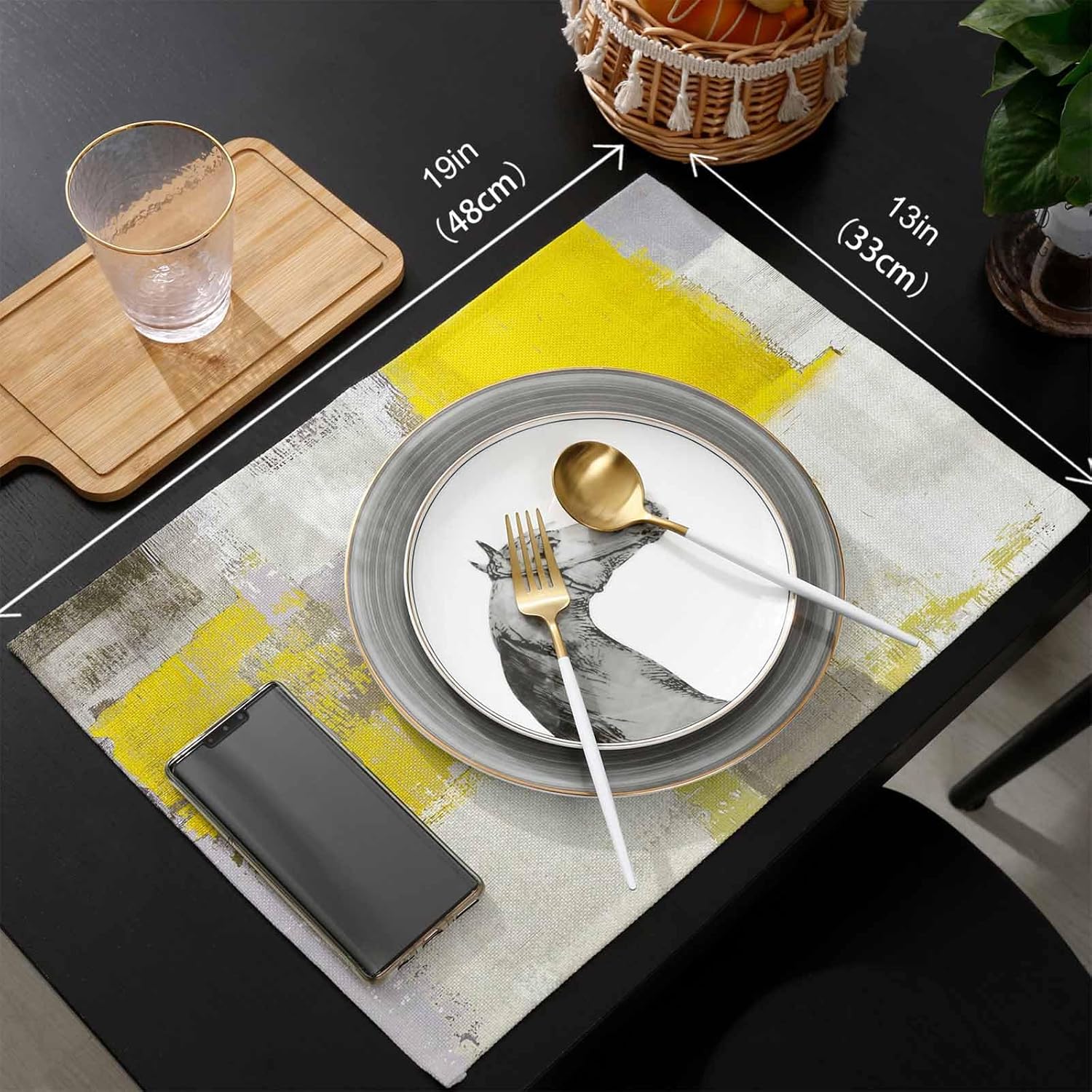 Abstract Place Mats 6 Pieces, Heat Insulation Stain Proof Placemats for Dining Table Durable Cotton Linen Kitchen Table Mat Placemat, Geometric Yellow Gray Graffiti