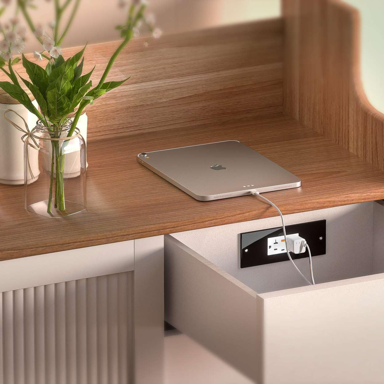 in-Drawer Outlet Kit with 20W Fast Charging (USB-C & USB-A), 20A AC Outlet, Recessed Nightstand and Desk Mount Organizer, (Black)