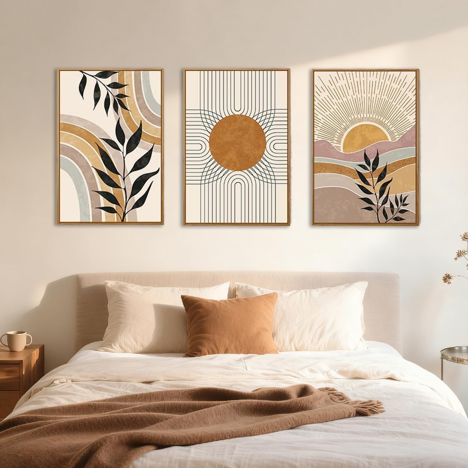 TOARTi Boho Framed Canvas Wall Art Prints,Set of 3 Mid Century Modern Wall Decor,Nature Plants Desert Sun Art Paintings,Bohemian Artwork for Living Room,Bedroom,Dining Room,Office - 16x24inchx3 — view 7