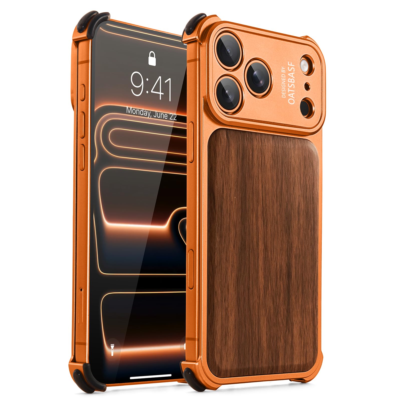 OATSBASF Funda para iPhone 17 Pro Max, protección completa de la cámara, compatible con cargador MagSafe, marco de metal, panel trasero de grano de madera (naranja, para iPhone 17 Pro Max)