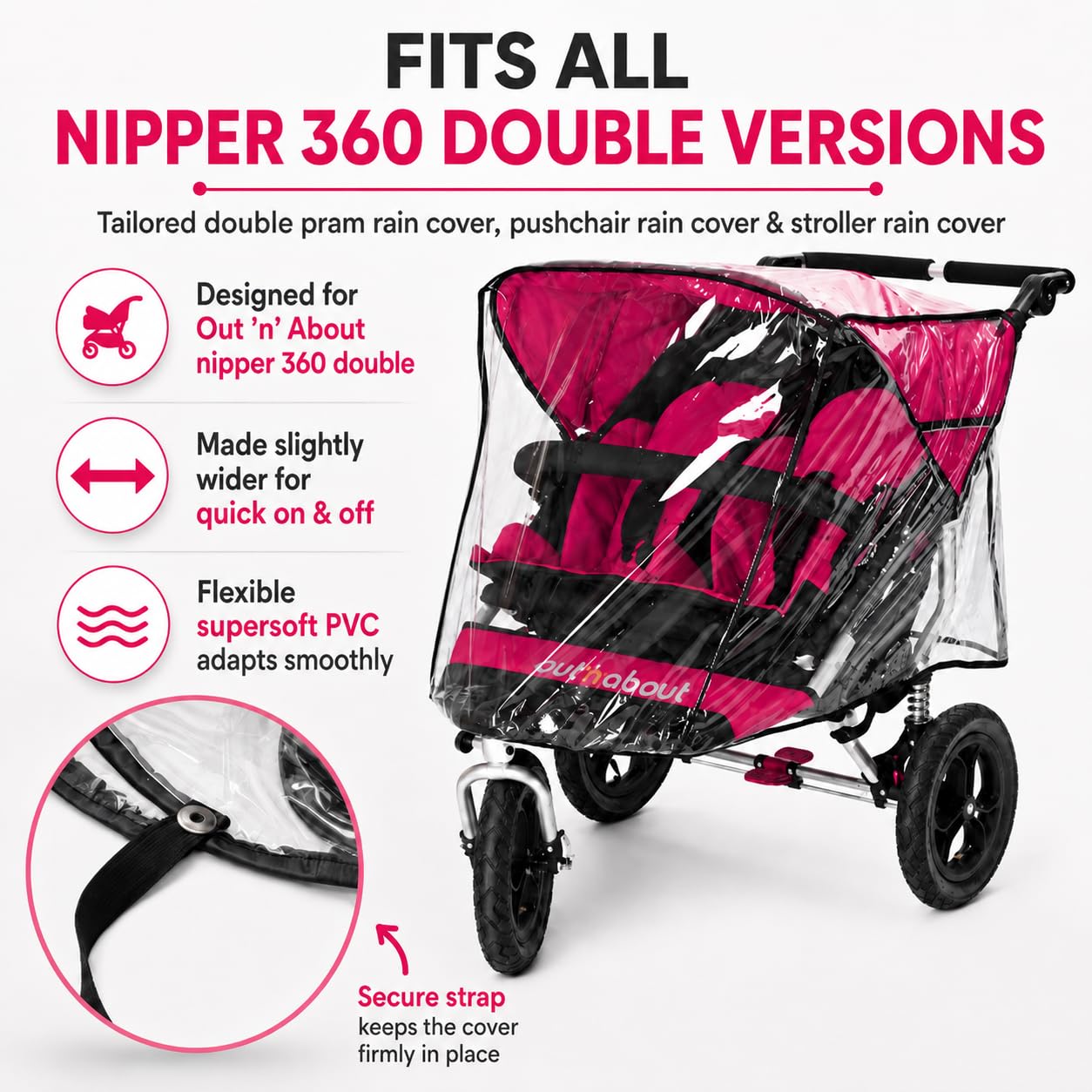 Parapioggia per out 'N About Nipper 360 doppio, SUPERSOFT Made in the UK