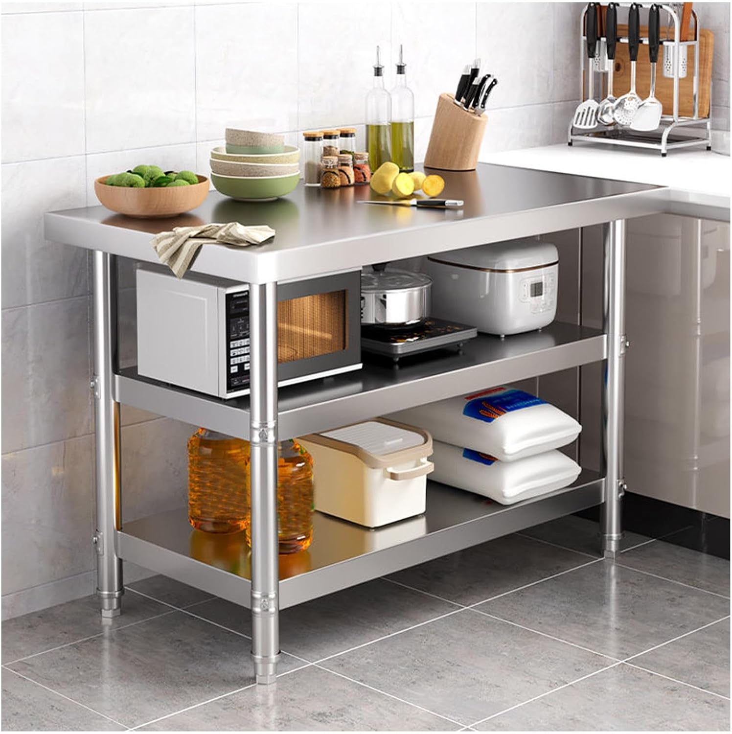 Freestanding Work Table Commercial Kitchen Work Table Stainless Steel Three-tier Work Table Rotatable Adjustable Feet Open Shelves Kitchen Preparation Counter Metal Table(80x50x80cm/31.5x19.7x31.5")