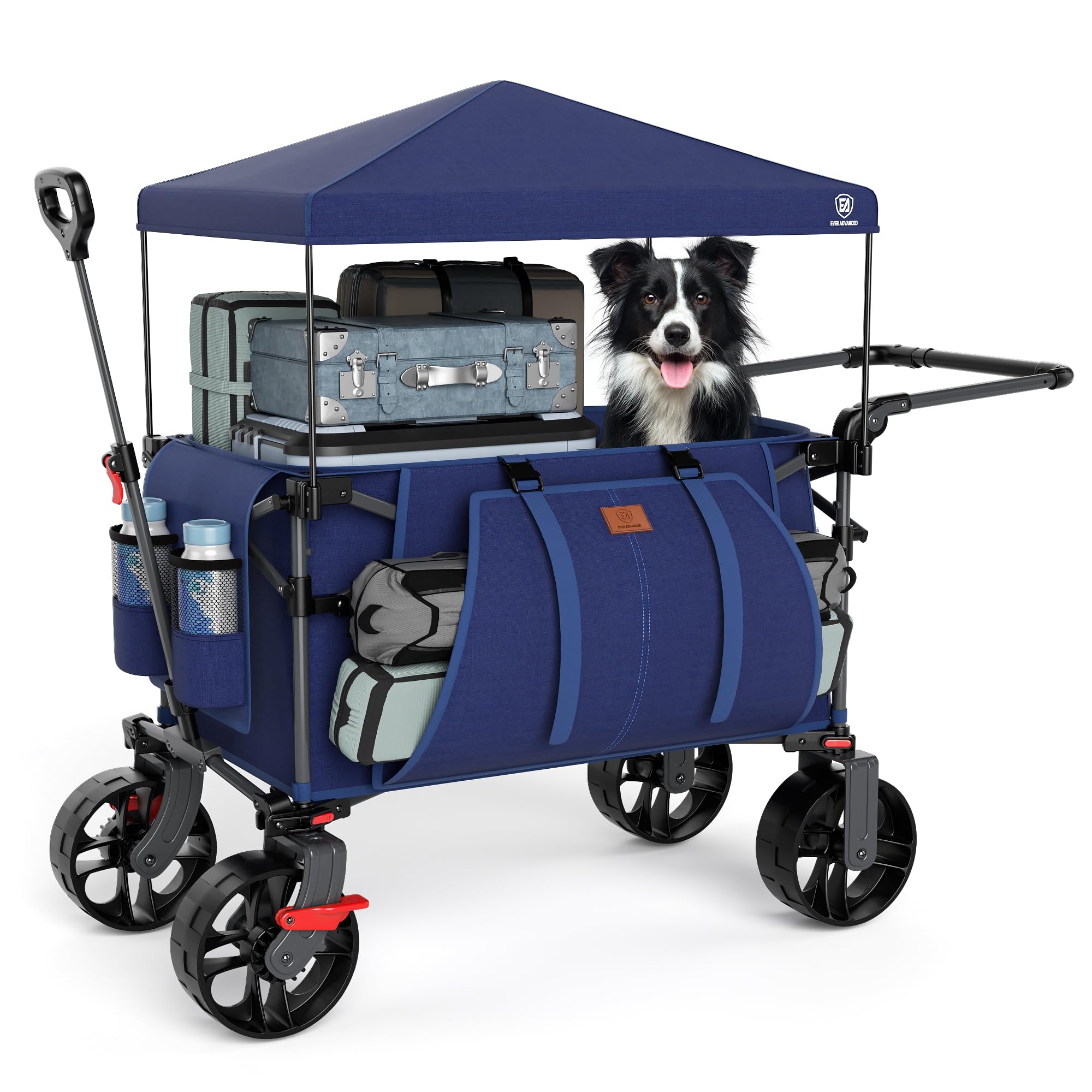 EVER ADVANCED 225L Festival Trolley on Wheels with Removable Canopy, 150KG Heavy Duty Camping Trolley, Push & Pull Beach Cart with 3 Large Pockets, Garden Folding wagon Fishing Blue — image 1