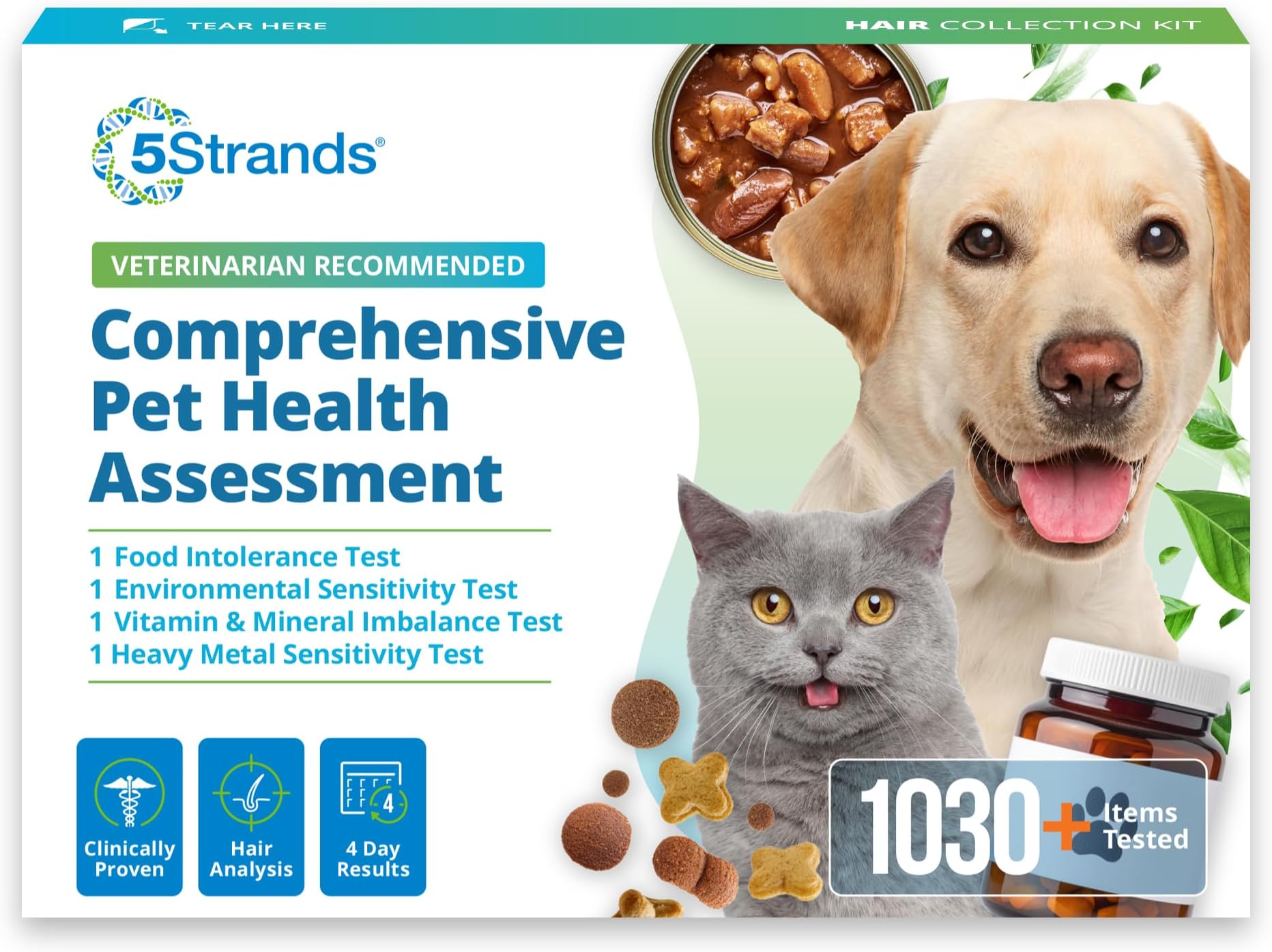 5Strands Pet Food Intolerance, Environmental & Heavy Metal Sensitivity, and Nutritional Imbalance Test, 1036 Items Tested, Cat & Dog Gut Health Test for All Breeds & Ages, Results in 4 Days