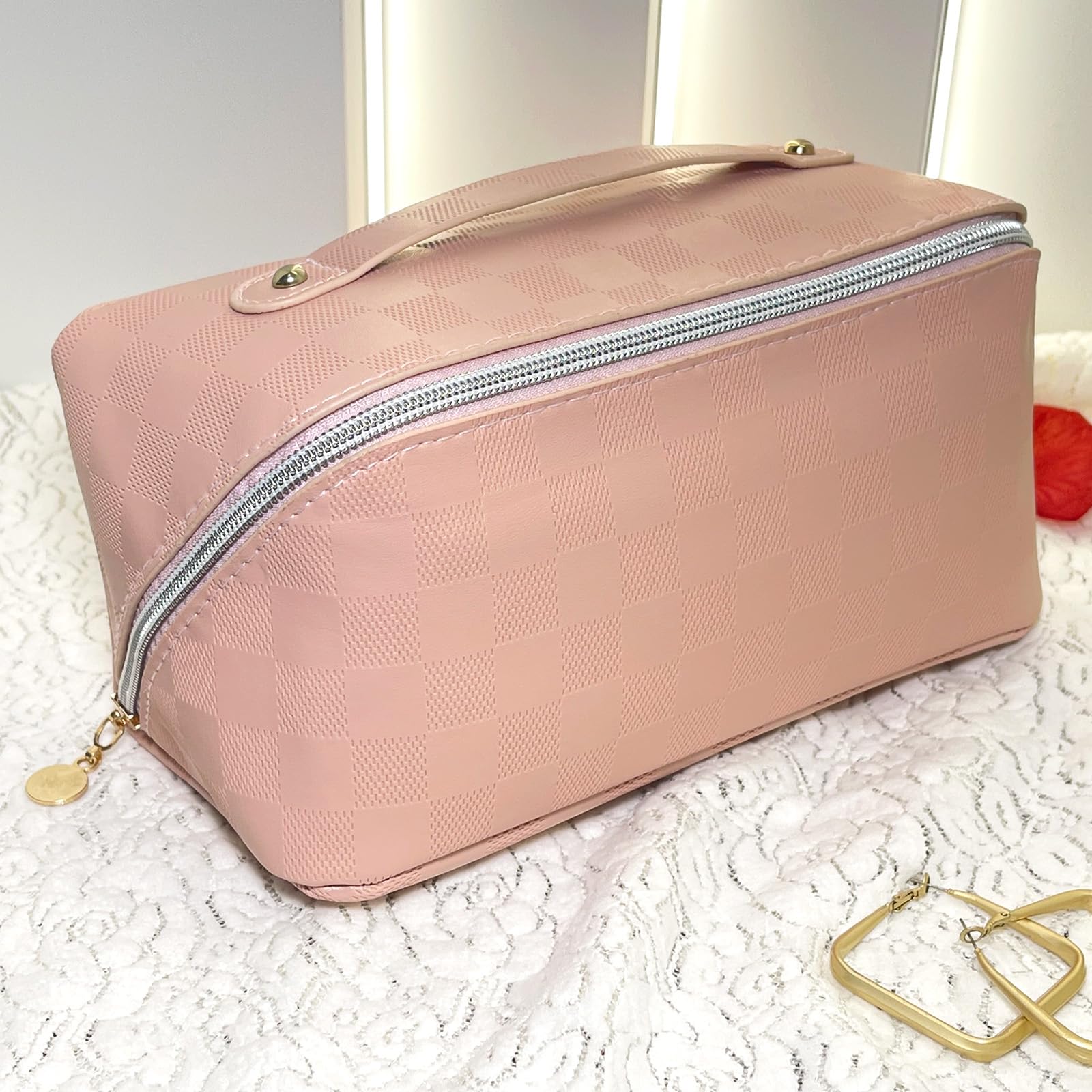 Reise-Make-up-Tasche, Kosmetik-Organizer mit breiter Öffnung und Trennwand, Kulturbeutel aus PU-Leder mit 2 Mini-Aufbewahrungstaschen, Pink, Kosmetik-Organizer mit mehreren Fächern und breiter