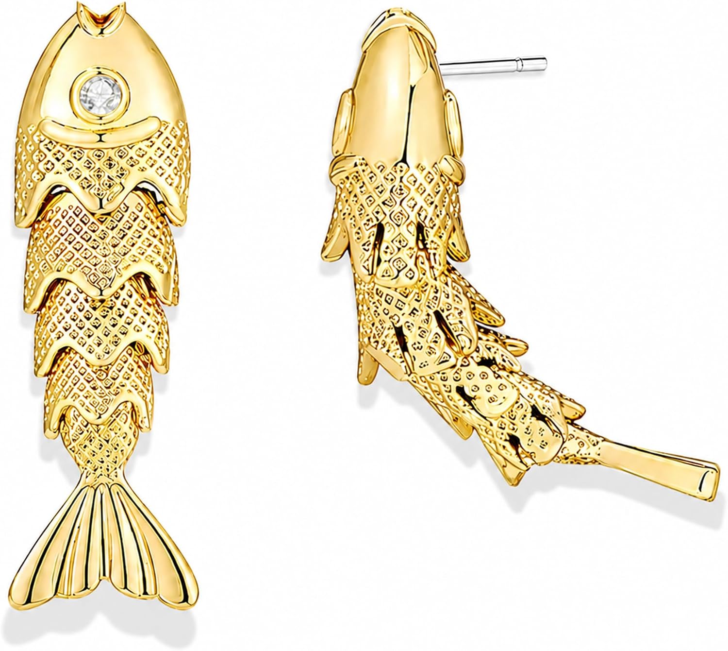 Gold Fish Earrings for Women, Articulated Moving Sardine Drop Dangle Studs with Rhinestone Eye, Quirky "Sardine Summer" Ocean Jewelry Gift for Her
