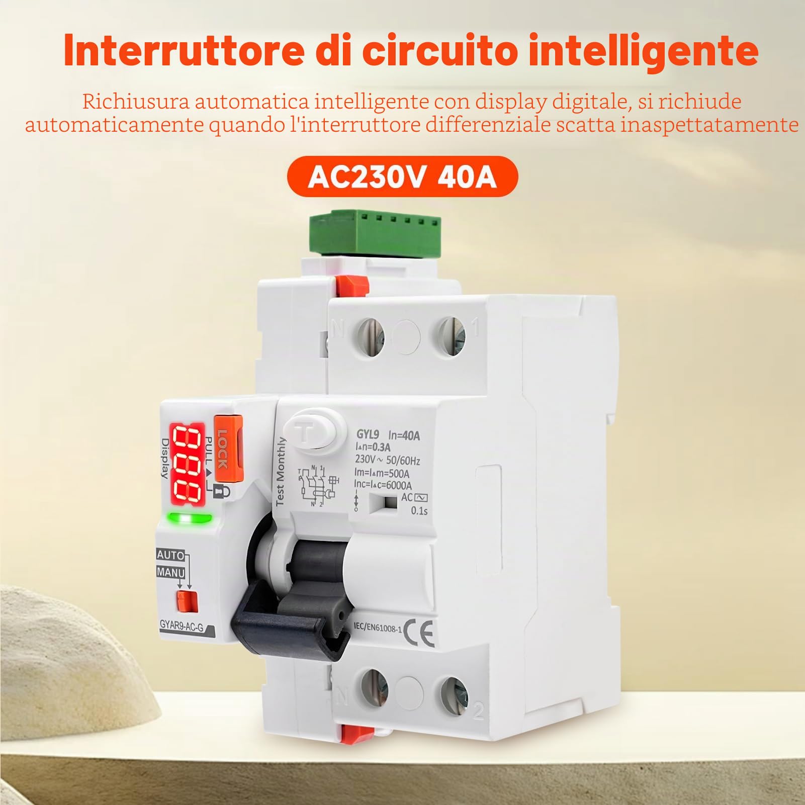Interruttore magnetotermico differenziale tipo AC Salvavita con riarmo automatico 2P 40A 300mA RCCB AC230V interruttore differenziale a riarmo automatico display digitale LED GYAR9-AC-G
