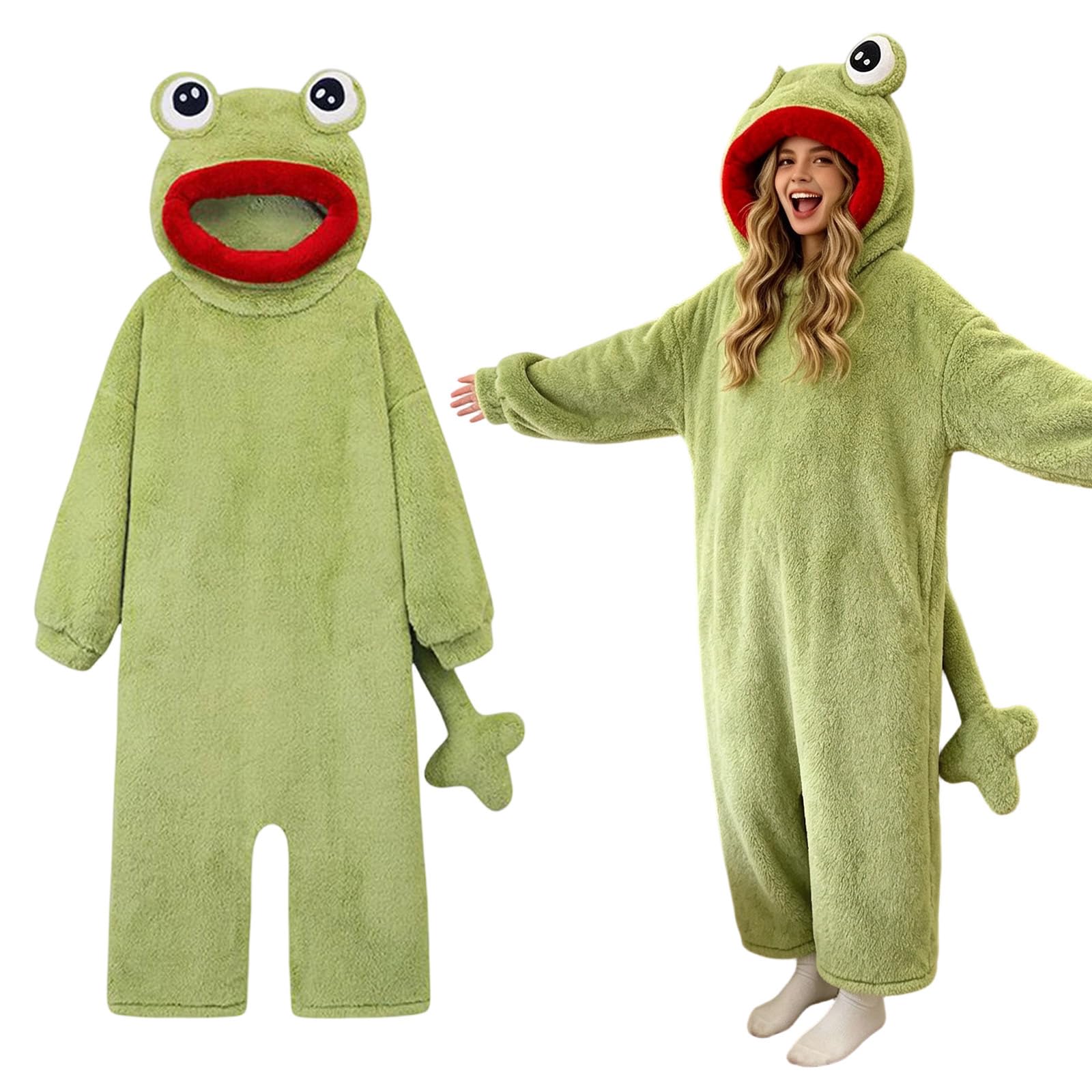 Genérico Pijama de Monstruo Verde para Mujer Hombre, Mono con Capucha de Franela, Pijama de Cuerpo Entero Acogedor con Bolsillos, Otoño Invierno Disfraz Dormir Unisex para Hogar y Halloween