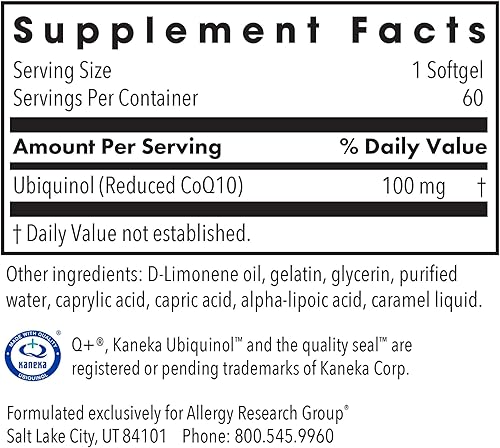 Miniatura 3 de Allergy Research Group - CoQH-CF Ubiquinol - Antioxidante CoQ10, Estable, Biodisponible - 60 cápsulas blandas