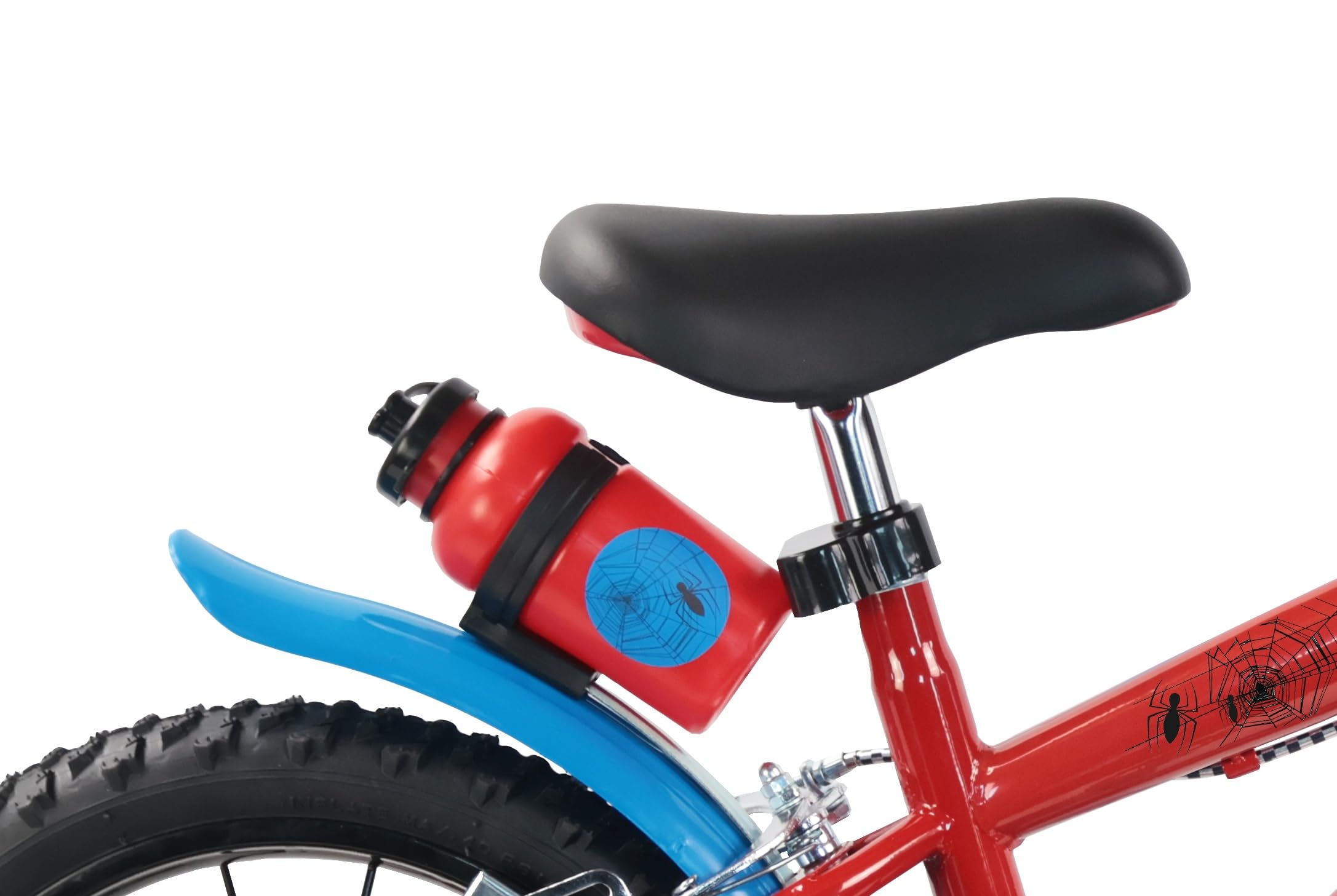 Velo 14 Pouces Spiderman équipé de 2 Freins, Plaque Avant décorative, bidon arrière, Roues à Rayons, pneus gonflables, stabilisateurs Amovibles et eclairages LEDs Inclus
