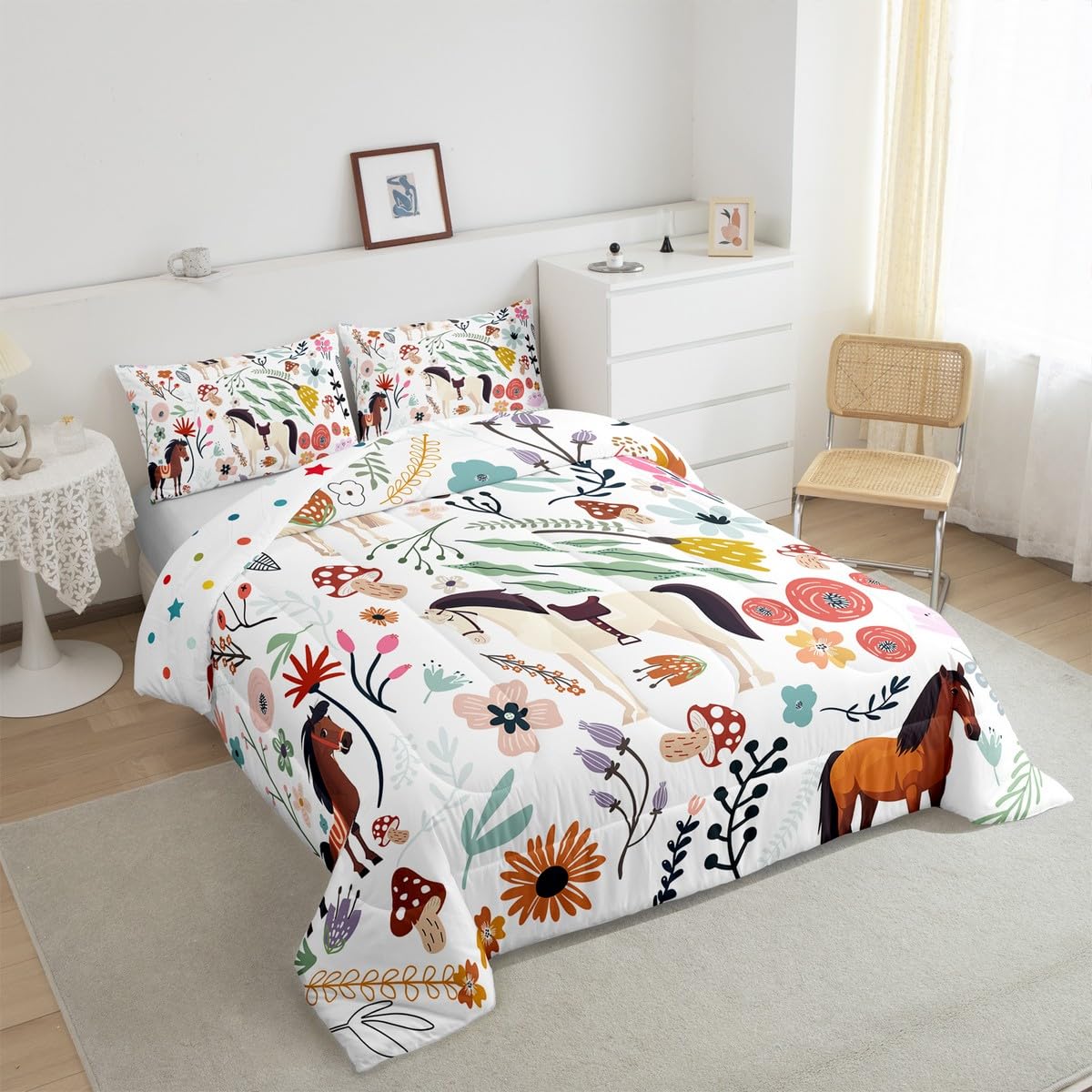 Erosebridal Juego de edredón de caballo occidental, juego de ropa de cama individual con diseño floral de hongos para niños, edredón de animales de dibujos animados, flores de acuarela, hojas, relleno