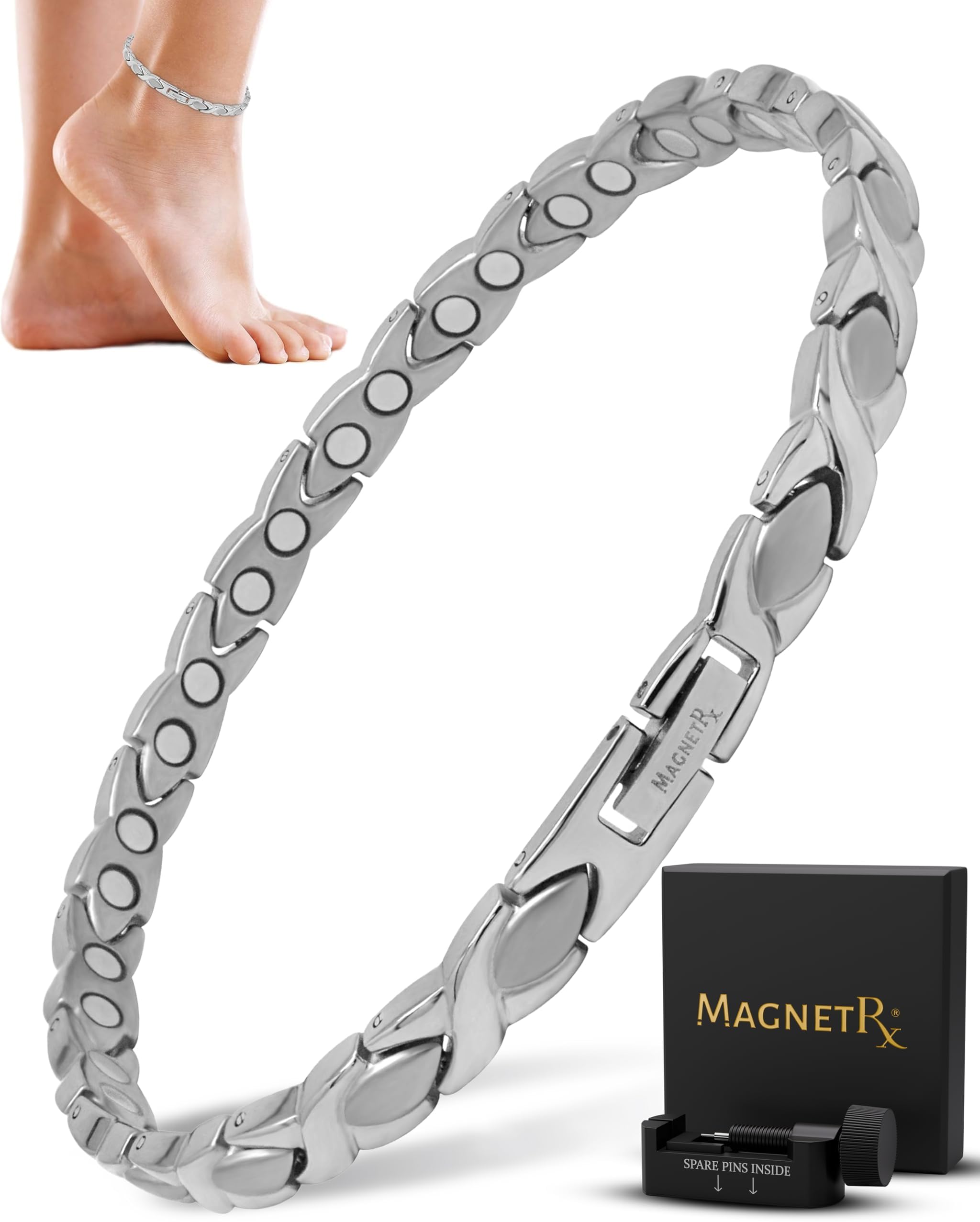 MagnetRX® Women's Magnetic Ankle Bracelet - Ultra Strength With 34 Magnets - Titanium Anklets for Women (Silver)