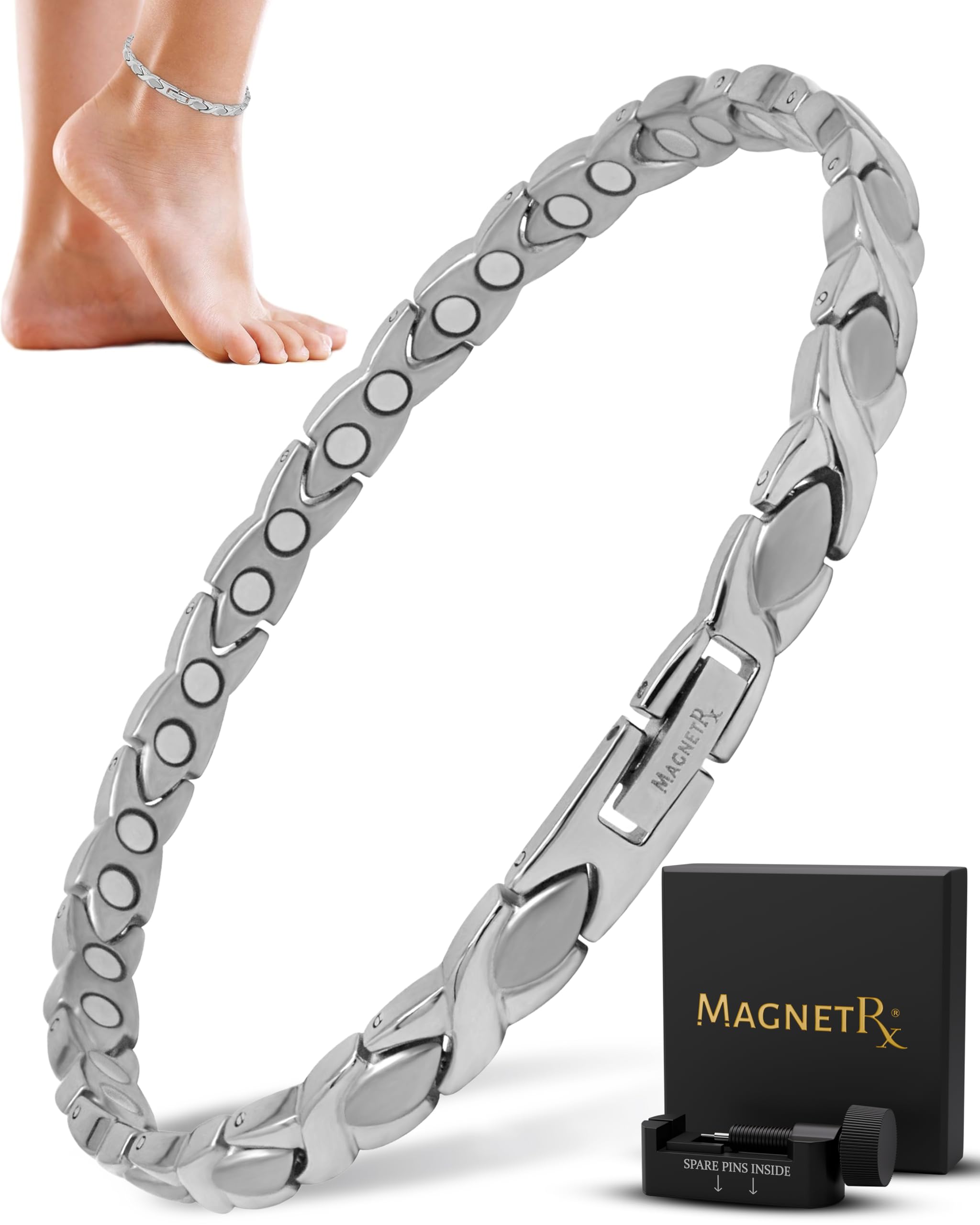 MagnetRX® Ultra Strength Titanium Magnetic Anklets for Women (Silver)