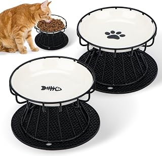 2 Stück Katzennapf Erhöht Keramik, Zervixschutz-Katzennapf mit Napfunterlage Silikon Und Metallständer, Erhöhter Futternapf Katze Katzen Napfset Hoch 10CM Katzennäpfe für Futter Wasser