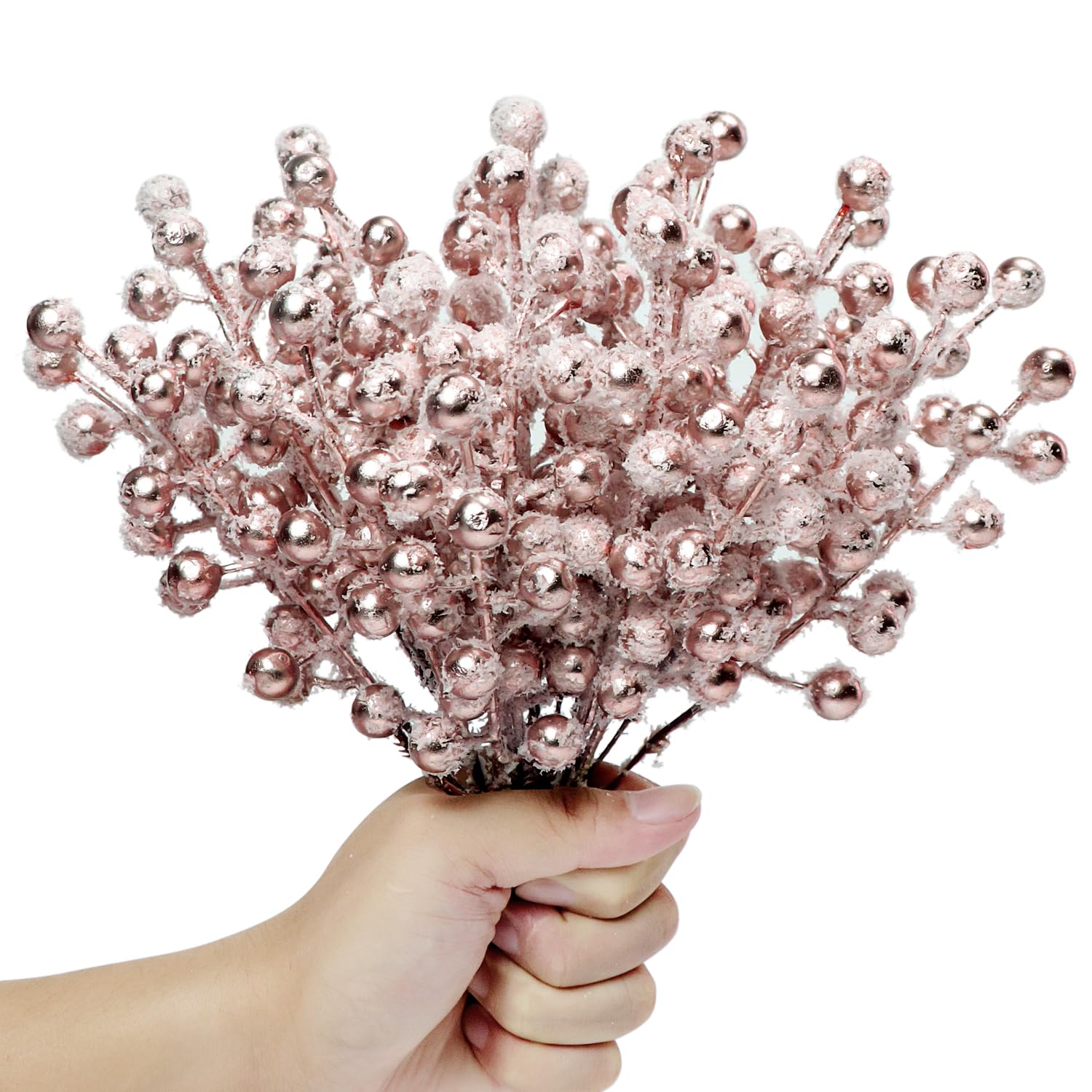 SPWOLFRT 24 Pcs Artificial Snow Berry Stems, 9'' Frosted Holly Berry Branch Christmas Tree Pick Spray for Xmas Tree Decoration Wreath Making Supplies Vase Filler DIY Craft Holiday Home Decor (Pink)