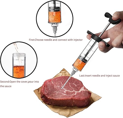 Miniatura 4 de JY COOKMENT Jeringa inyector de carne, inyector de sabor marinado de 1 onza con 2 agujas profesionales, 1 cepillo de limpieza (negro)