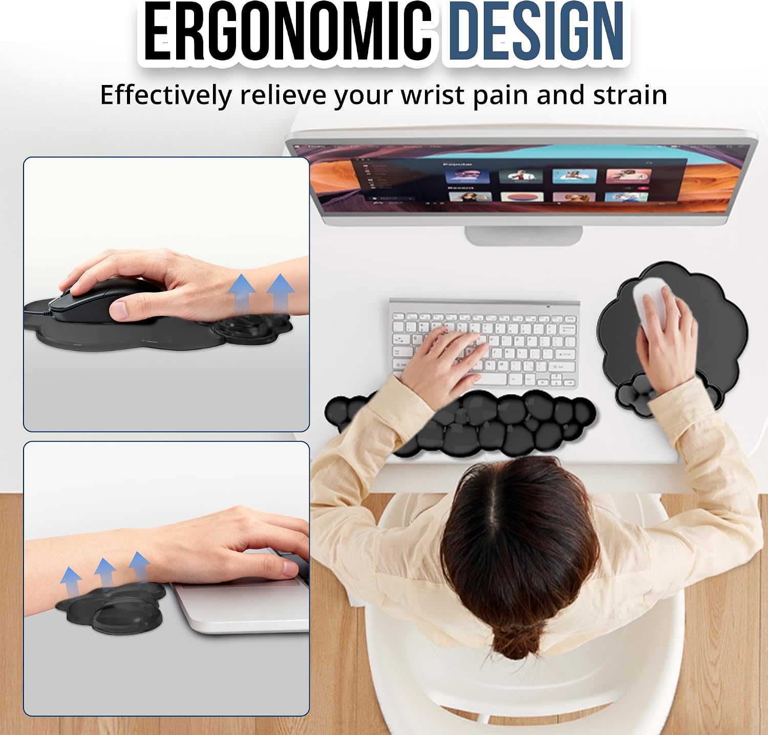 Keyboard Wrist Rest Set — Ergonomic Cloud Wrist Rest Keyboard and Mouse Pad, Non-Slip Desk Accessories for Office and Home（Black）