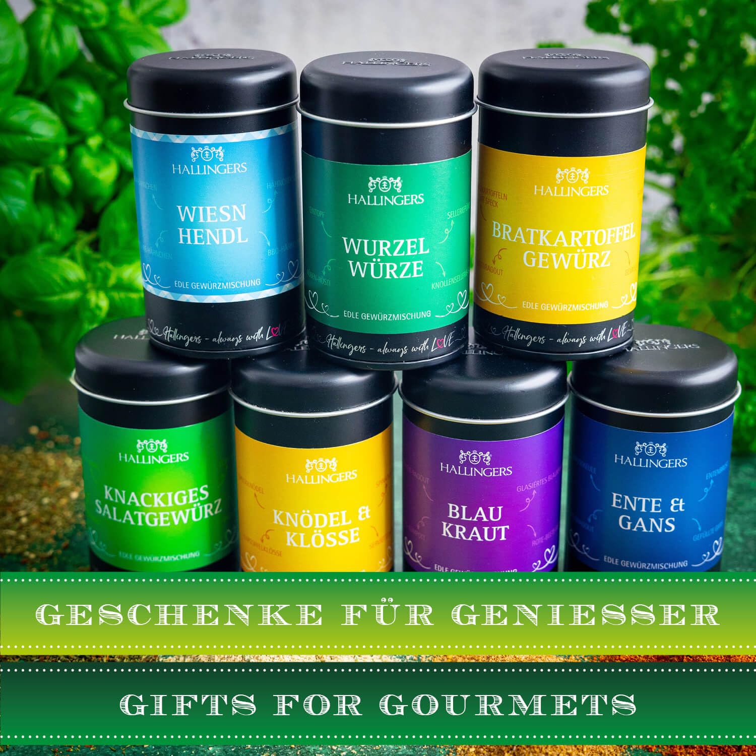 Hallingers Genuss Manufaktur Gewürz Geschenk-Set - Selektion unserer Besteller als Probierset in edlen Aromadosen & Tragetasche "Deftige Küche", Geschenkidee für Frauen Männer