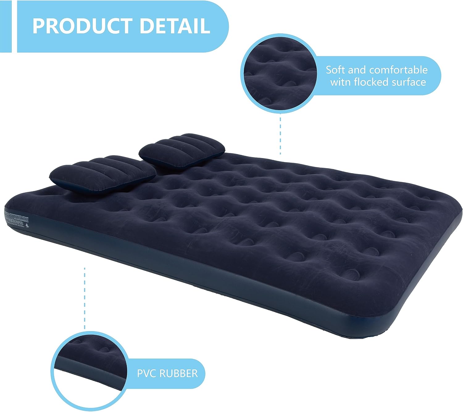 Detailed view of AVENLI Queen Air Mattress showing soft flocked surface and PVC rubber base.