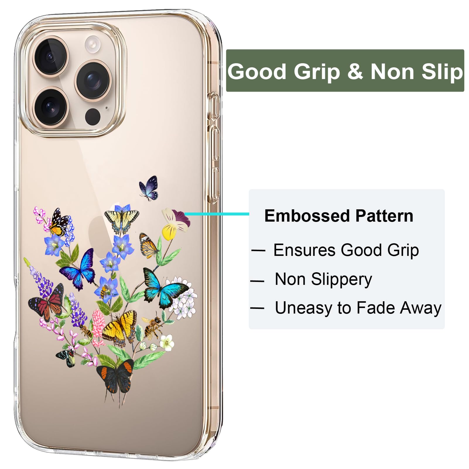 Unov Case Compatible with iPhone 16 Pro Clear with Design Embossed Floral Pattern Soft TPU Bumper Slim Protective 6.3 Inch (Flower Butterfly) - Image 4