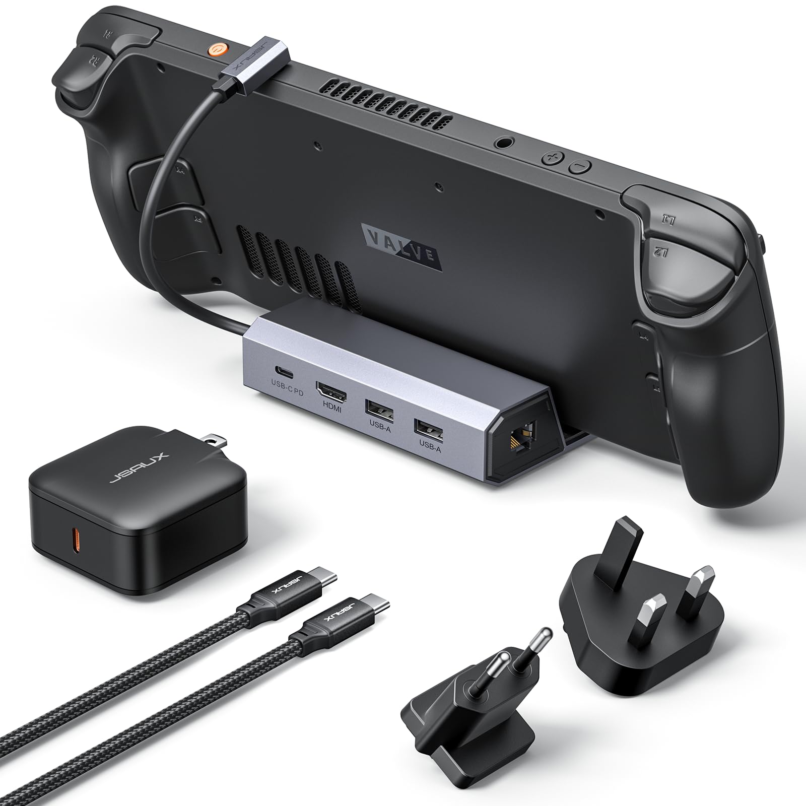 JSAUXDocking Station and 65W Charger Compatible with Steam Deck OLED/ROG Ally X/Legion Go (S), 5-in-1 Dock with HDMI 4K@120Hz, 100Mbps Ethernet, Dual USB 2.0 and 100W Charge-HB0602